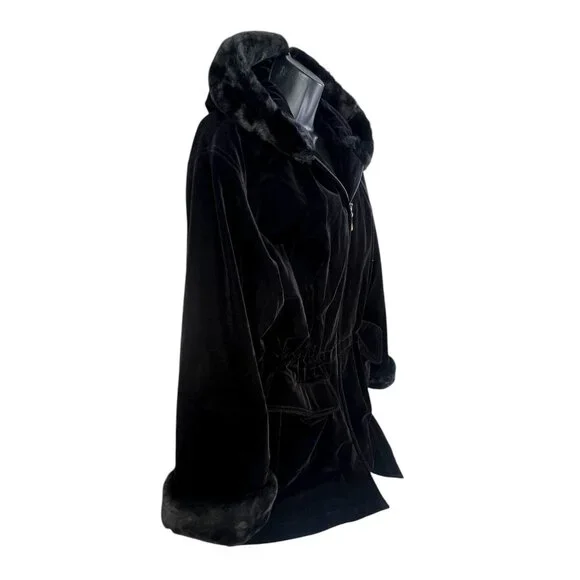 vintage Gallery old money velvet fur trim drawstring waist opera coat sz L black - Picture 4 of 10